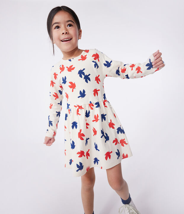 Abito a maniche lunghe in cotone con stampa bambina ecru/multicolore