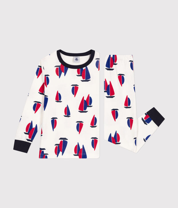Pigiama bambino in cotone con motivo a barche bianco/multicolore