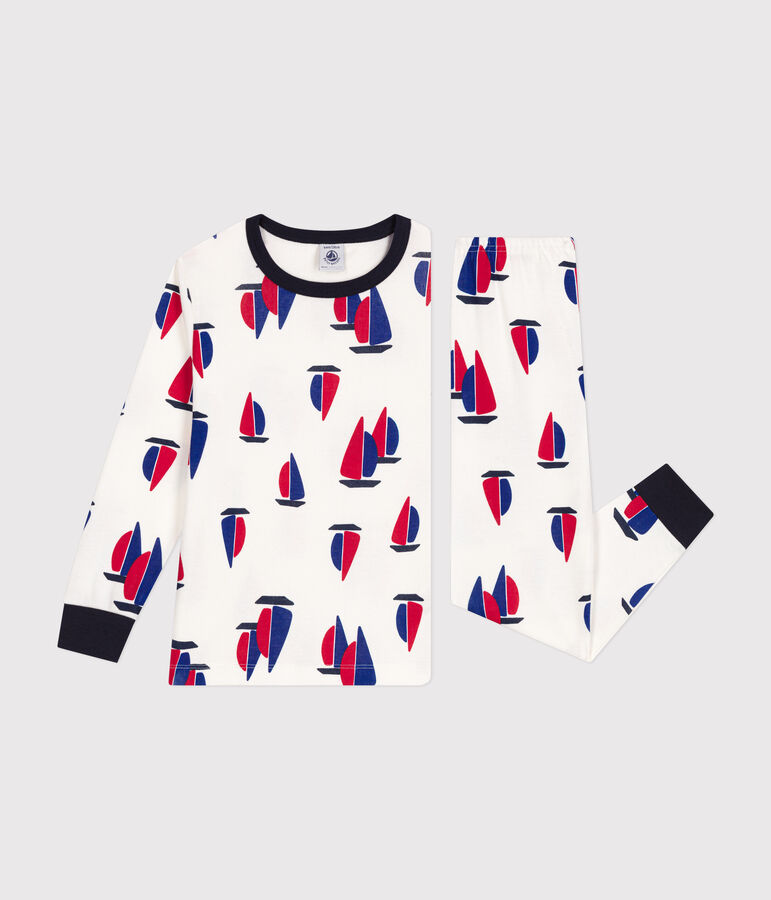 Pigiama bambino in cotone con motivo a barche bianco/multicolore