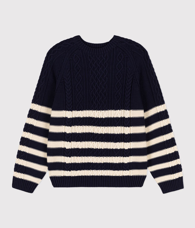 Maglione irlandese in cotone a righe donna blu/ecru