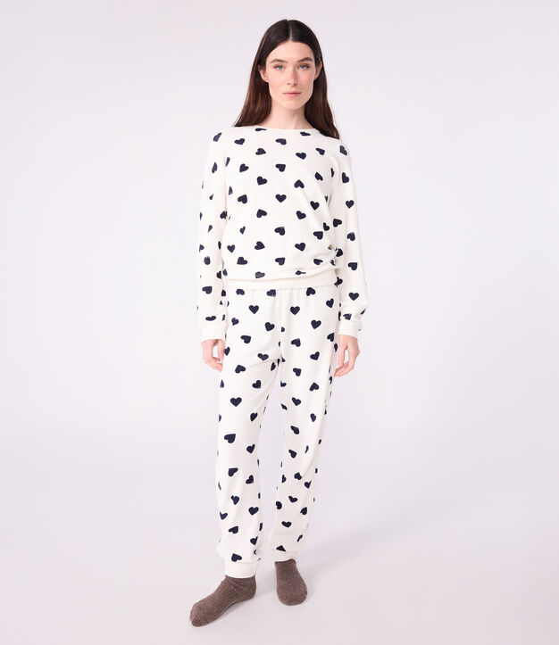Pigiama in spugna di cotone con stampa a cuori donna blu/blu