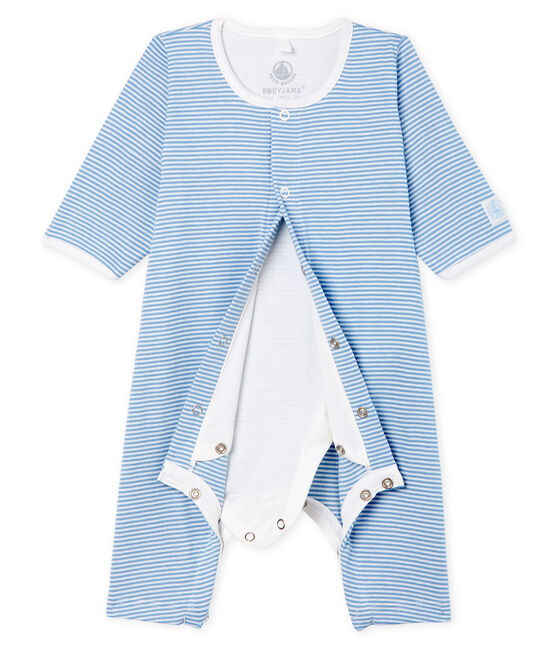 Bodyjama senza piedi bebè femmina a costine blu ACIER/bianco MARSHMALLOW