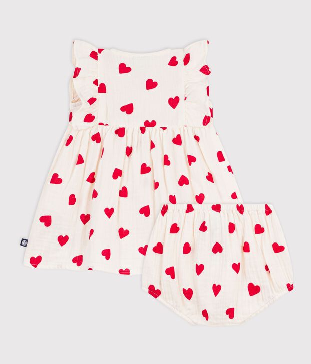 Abito e bloomer abbinato in cotone con stampa a cuori neonata rosso/rosso
