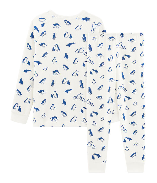 Pigiama unisex in spugna bouclette grattata, super calda bianco/blu