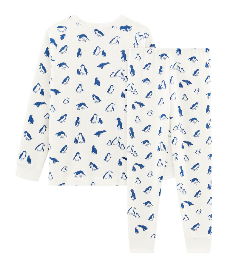 Pigiama unisex in spugna bouclette grattata, super calda bianco/blu