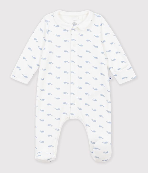 Pigiama in ciniglia con colletto e balena stampata neonato blu/blu