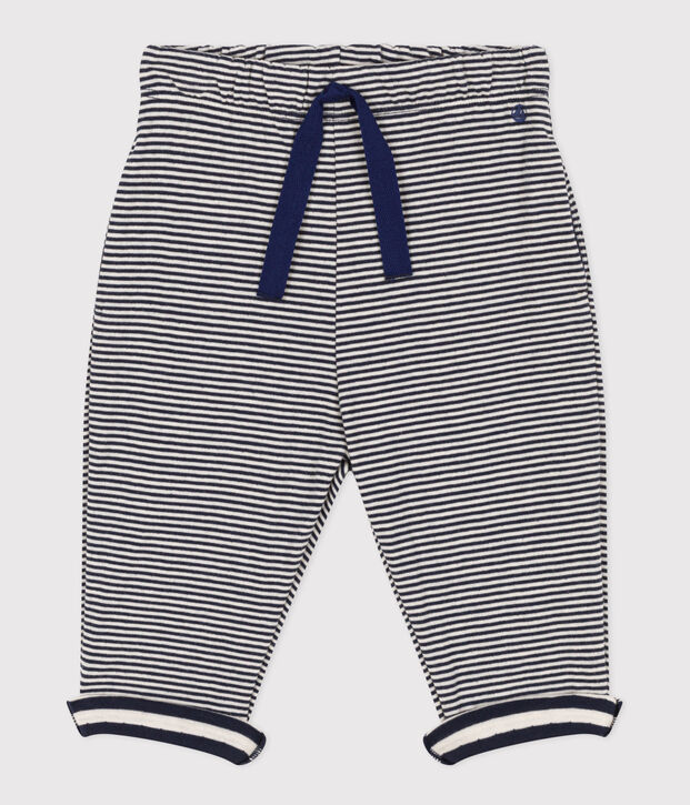 Pantaloni in tubique millerighe per beb&egrave; blu/ecru