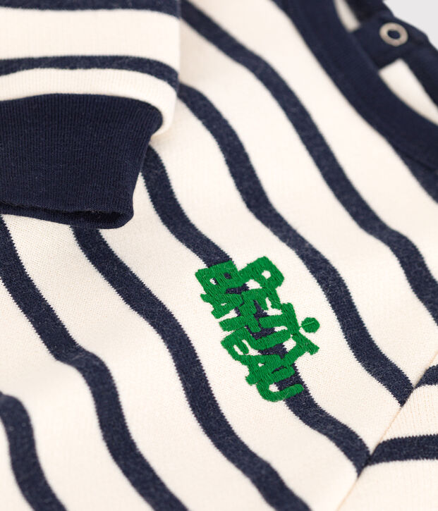 Tutina lunga in tessuto felpato neonato ecru/blu