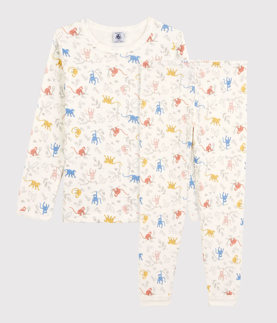 Pigiama con fantasia scimmiette multicolori bambina/bambino in cotone biologico bianco MARSHMALLOW/bianco MULTICO