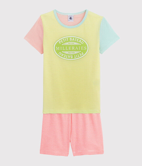 Pigiama a righe multicolori corto bambina a costine giallo SUNNY/bianco MULTICO