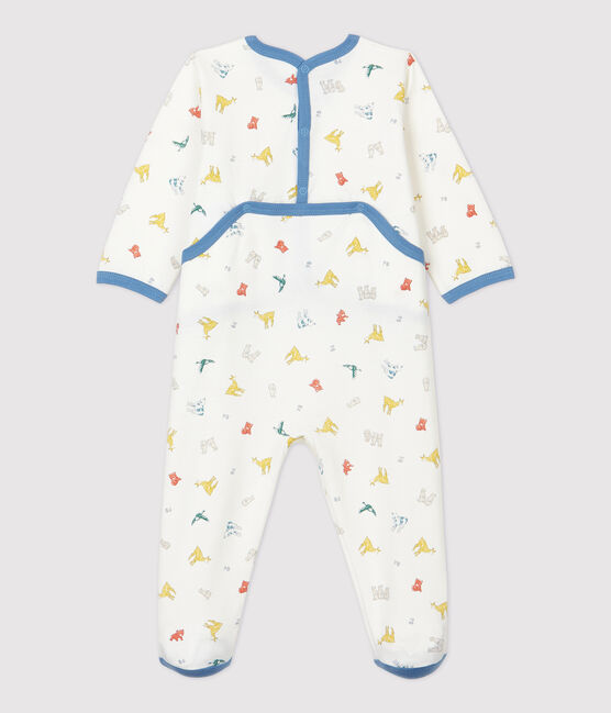 Tutina pigiama bebè fantasia animali colorati in molleton di cotone biologico bianco MARSHMALLOW/bianco MULTICO