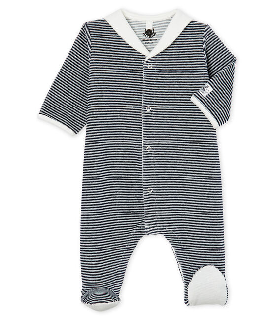 Tutina pigiama bebè maschio in ciniglia blu SMOKING/bianco MARSHMALLOW