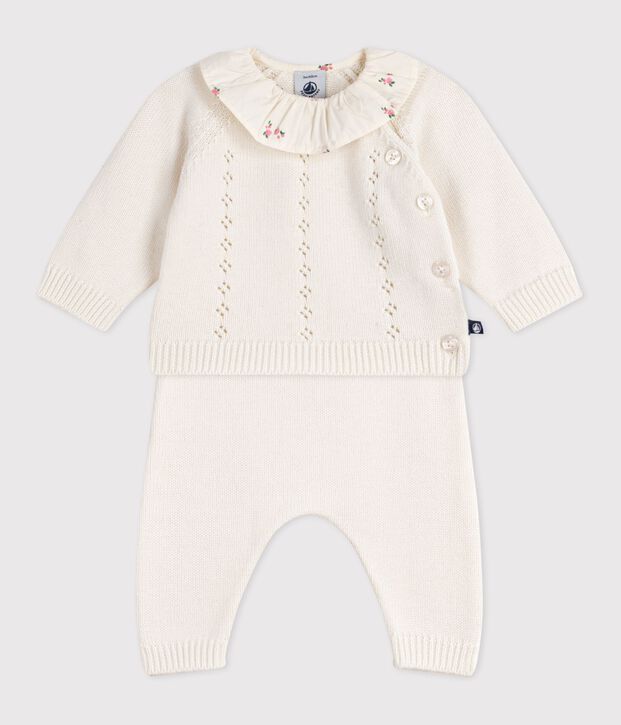Completo 2 pezzi in misto lana e cotone e colletto a fiori neonato bianco