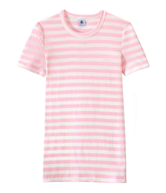 T-shirt donna in costina originale 1x1 rigata rosa BABYLONE/bianco MARSHMALLOW