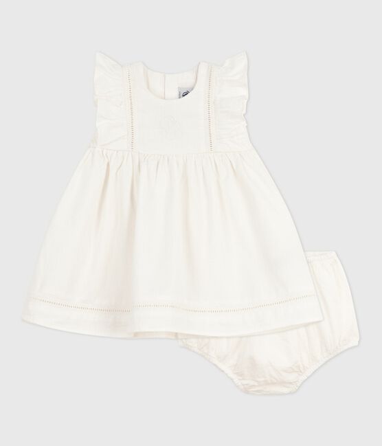 Abito senza maniche in cotone tinta unita ricamato, con bloomer abbinato neonata bianco ECUME