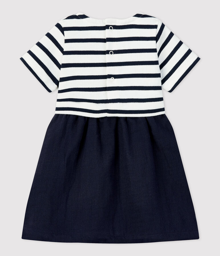 Abito beb&egrave; in bi-materiale in jersey di cotone spesso e garza di cotone biologico bianco MARSHMALLOW/blu SMOKING