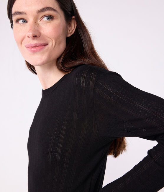 T-shirt L'Iconique a maniche lunghe in cotone traforato donna nero BLACK