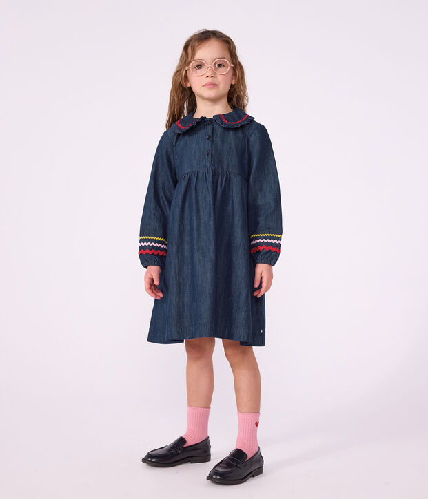 Abito a maniche lunghe in denim tinta unita bambina blu