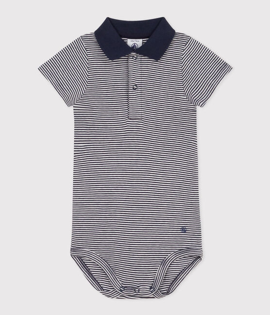 Body con colletto polo in cotone rigato a manica corta bebè blu SMOKING/bianco MARSHMALLOW
