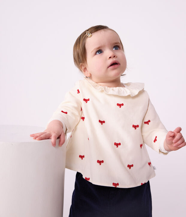 Blusa in velluto con motivo di fiocchi ricamati neonata ecru/rosso