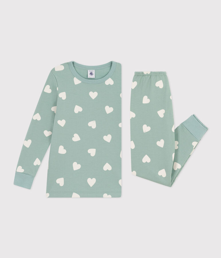 Pigiama cuore bambino unisex in tessuto felpato verde/ecru