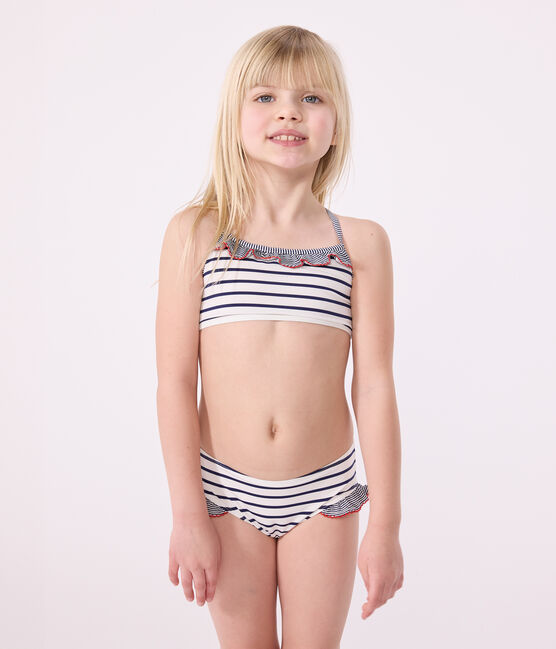 Costume da bagno a 2 pezzi a righe bambina bianco MARSHMALLOW/blu MEDIEVAL