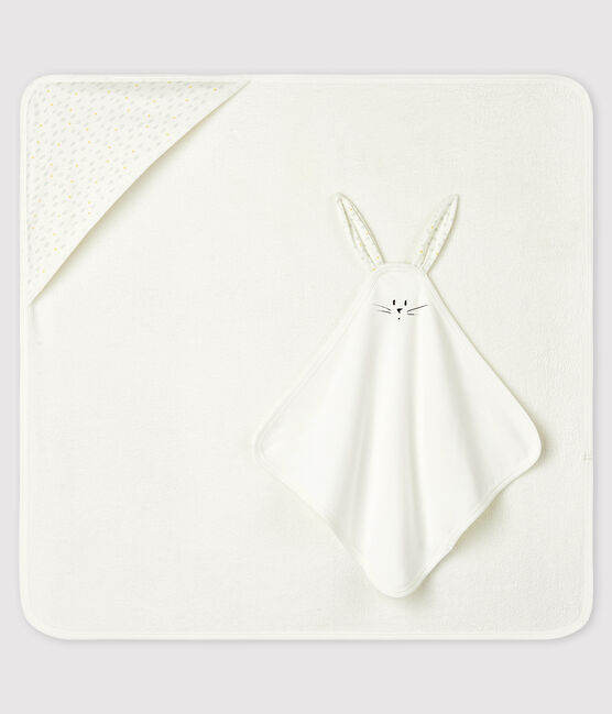 Cofanetto asciugamano quadrato da bagno e doudou bebè in tubique e cotone biologico bianco MARSHMALLOW/bianco MULTICO