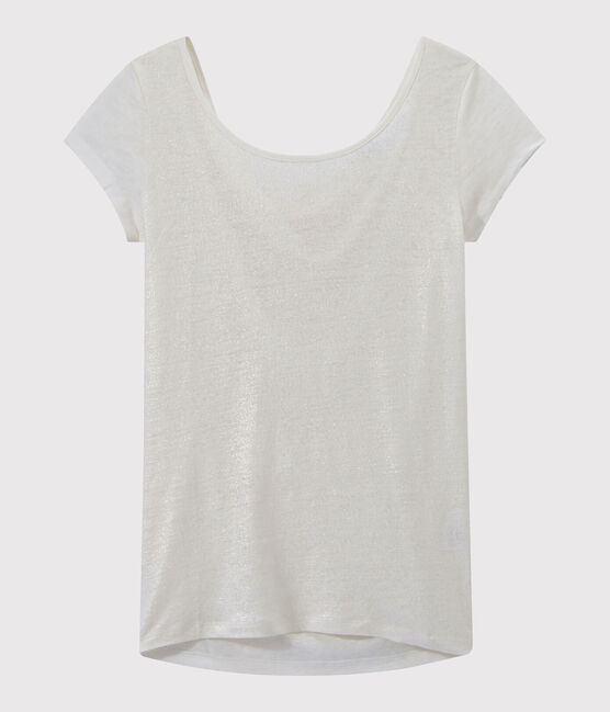T-shirt donna con scollo ad acquasantiera sul retro in lino iridescente bianco LAIT/giallo OR