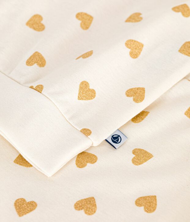 Pigiama da donna in cotone con stampa di cuori dorati ecru/giallo