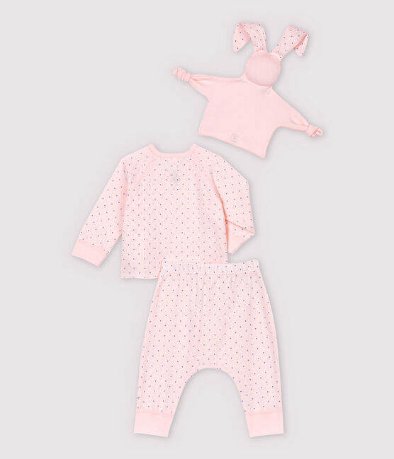 Completo 3 pezzi rosa bebè bambina in cotone biologico rosa FLEUR/blu EDNA