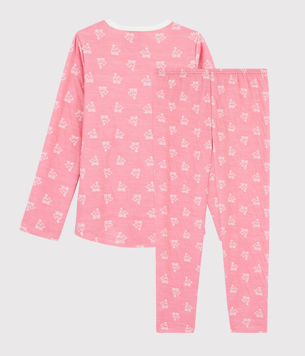 Pigiama jacquard gatti bambina in lana e cotone rosa/bianco