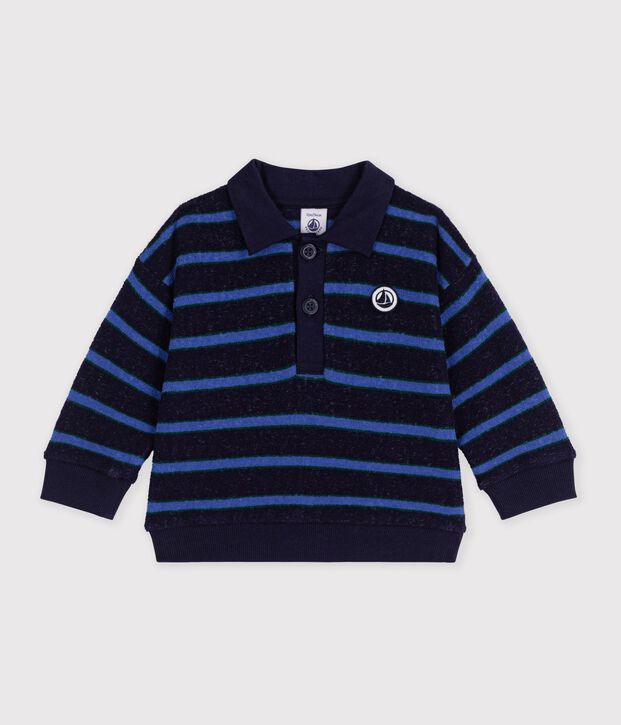 Felpa in cotone a righe con colletto tipo polo neonato blu/multicolore