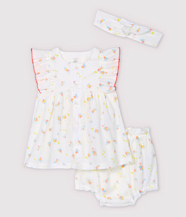 Abito senza maniche con bloomer e fascia beb&egrave; femmina in popeline di cotone biologico bianco/multicolore