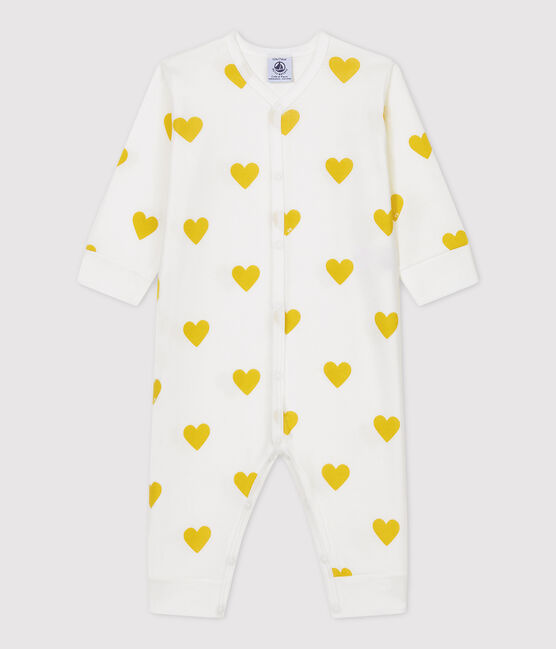 Tutina pigiama senza piedi bebè a cuori gialli in cotone biologico bianco MARSHMALLOW/bianco MULTICO