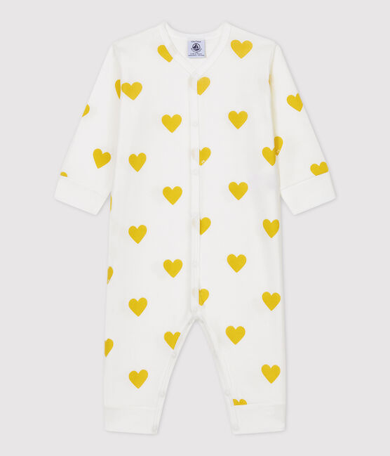 Tutina pigiama senza piedi bebè a cuori gialli in cotone biologico bianco MARSHMALLOW/bianco MULTICO