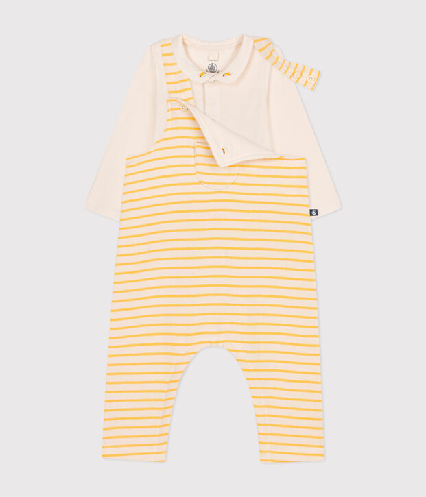 Set completo di salopette e body in cotone per neonato ecru/giallo