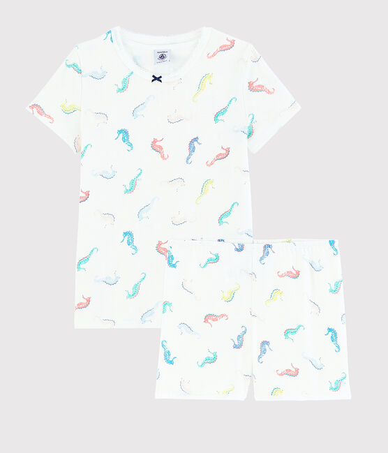 Pigiama corto fantasia cavallucci marini bambina in cotone bianco MARSHMALLOW/bianco MULTICO