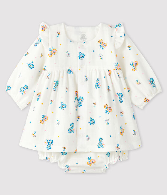 Abito a fiori a maniche lunghe con bloomer bimba in tessuto pannolino bianco MARSHMALLOW/bianco MULTICO