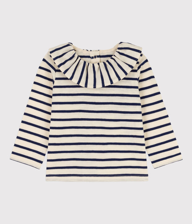 Blusa a manica lunga beb&egrave; in jersey leggero ecru/blu
