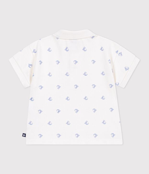 Polo a maniche corte in cotone con barchette vintage stampate neonato bianco/blu