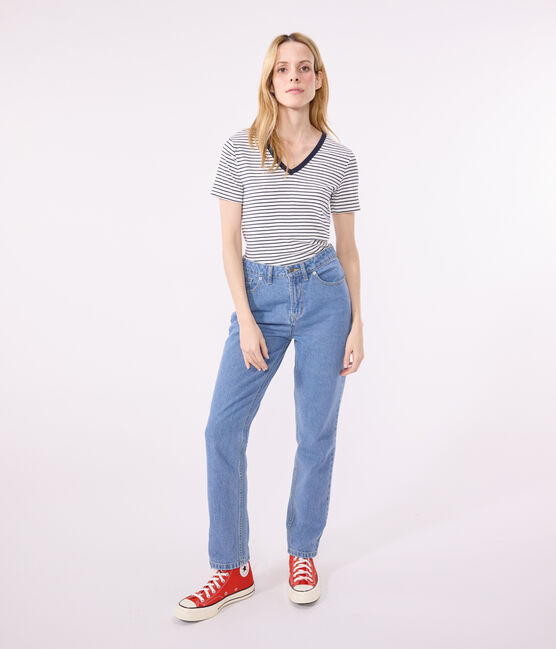 T-shirt L'Iconique scollo a V in cotone a righe donna bianco MARSHMALLOW/blu SMOKING