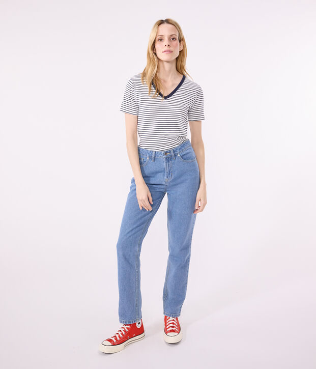 T-shirt L'Iconique scollo a V in cotone a righe donna bianco/blu