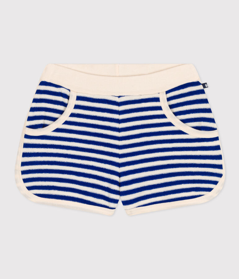 Shorts bambina in spugna bouclette a righe blu/ecru