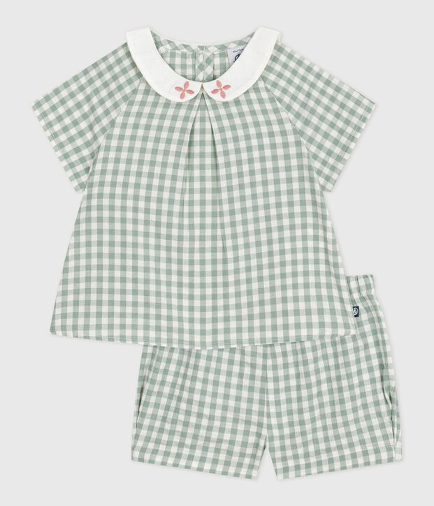 Set neonato due pezzi in cotone composto da blusa e shorts a quadretti vichy. verde/bianco