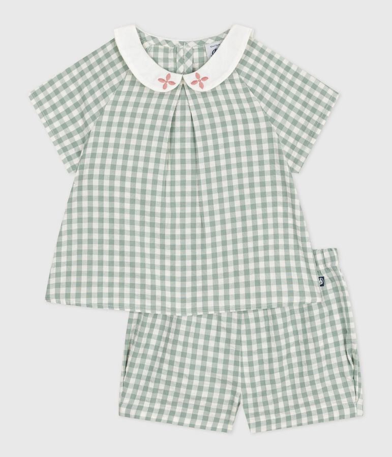 Set neonato due pezzi in cotone composto da blusa e shorts a quadretti vichy. verde/bianco