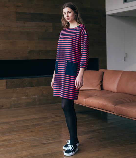 Abito maniche lunghe donna blu SMOKING/rosso SIGNAL