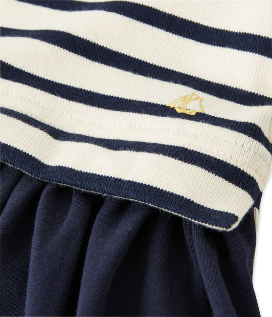 Abito per bambina bi-matière a righe beige COQUILLE/blu SMOKING