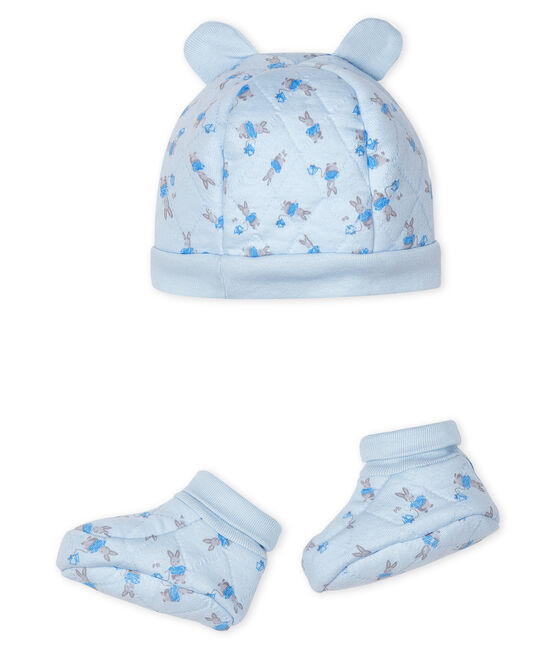 Confezione cuffietta e babbucce bebè in tubique blu FRAICHEUR/bianco MULTICO