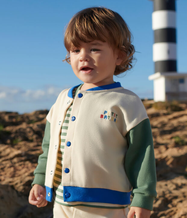 Giacca stile teddy in cotone color block neonato ecru/verde