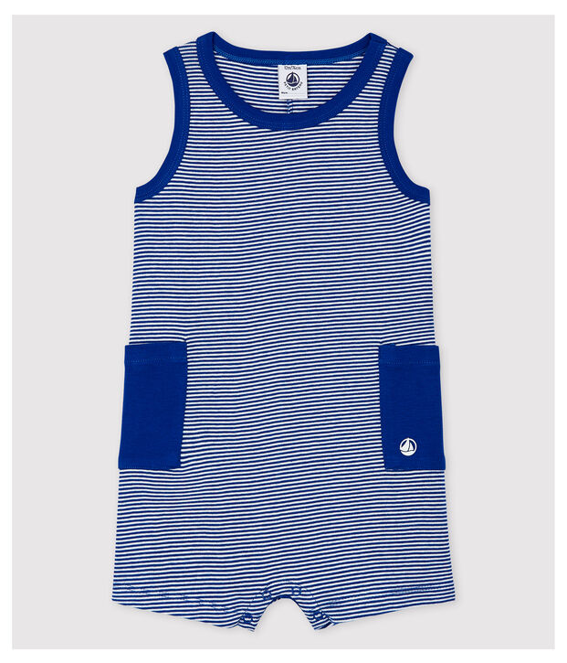 Tutina corta in costina a righe beb&egrave; maschio blu/bianco